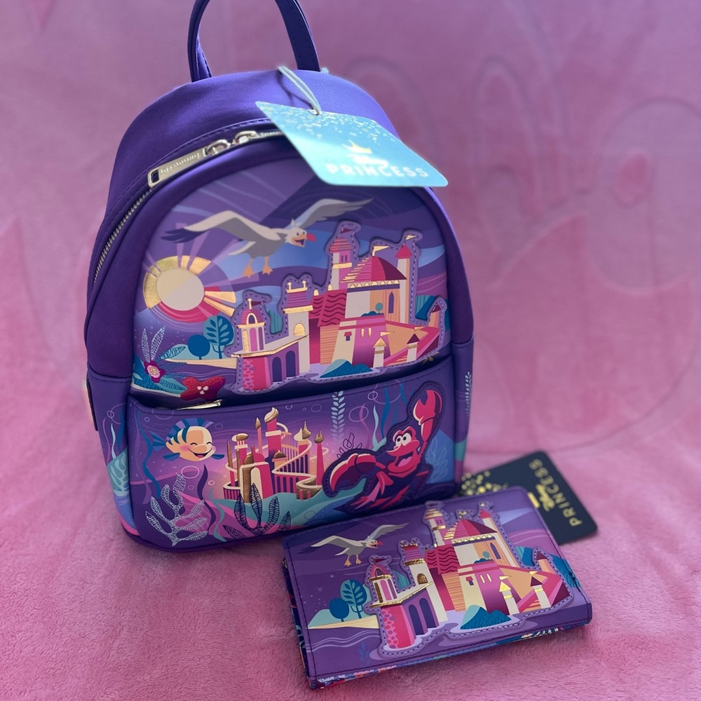 NWT Loungefly Castle Series The Little Mermaid Mini Backpack & Wallet
